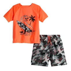 Toddler Boy Jumping Beans® Graphic Rash Guard & Printed Swim Trunks Swim Set -Kohls shop 5947186 Orange Surf Dino